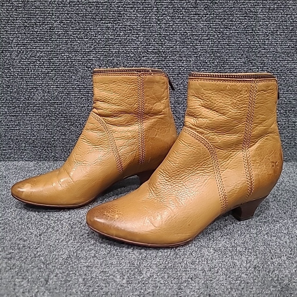 Frye Steffi Zip Short Tan Leather‎ Ankle Kitten Heel Boots Sz 6.5 Boho City Moto